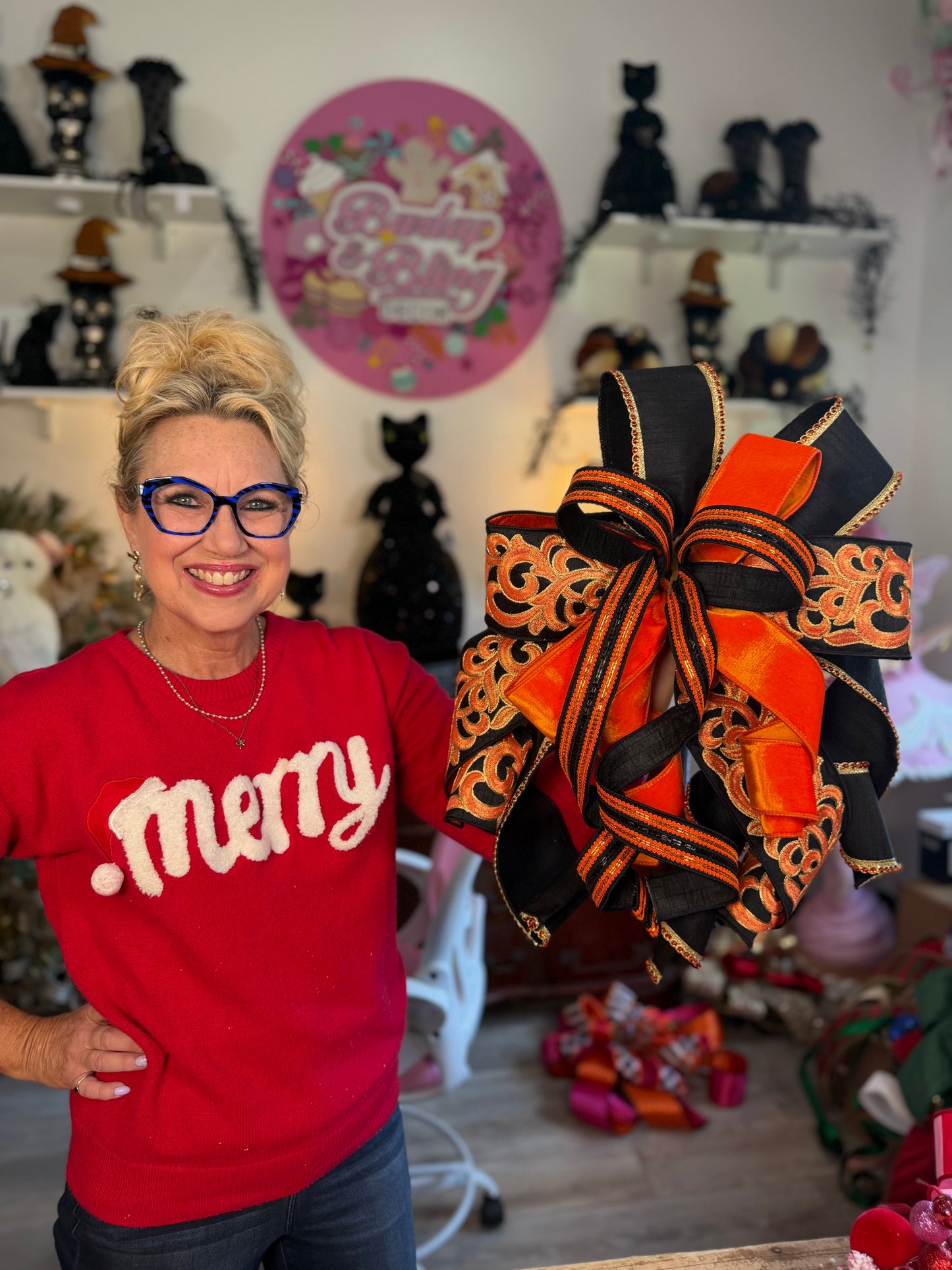 Orange and black Halloween glam bow