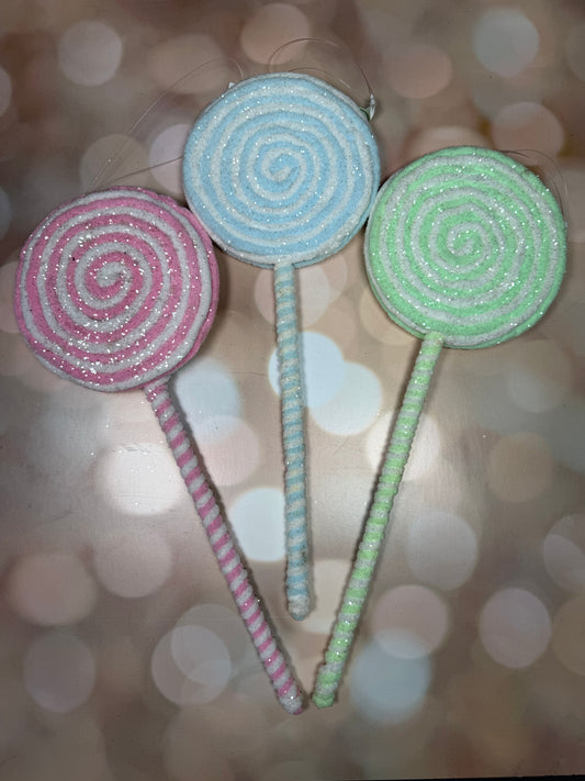 14" FROSTED PASTEL LOLLIPOP ORNAMENT 3AST PTMT