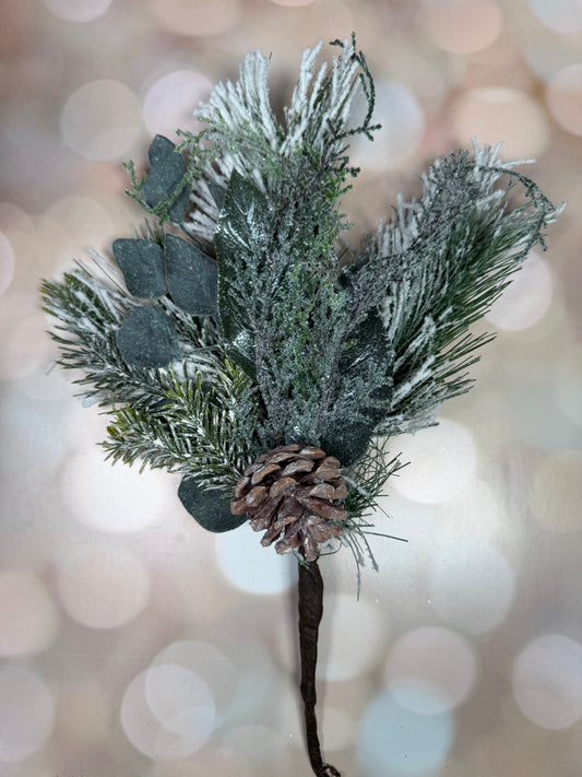 Flocked Long needle Pine Spray, 14" Green/ White