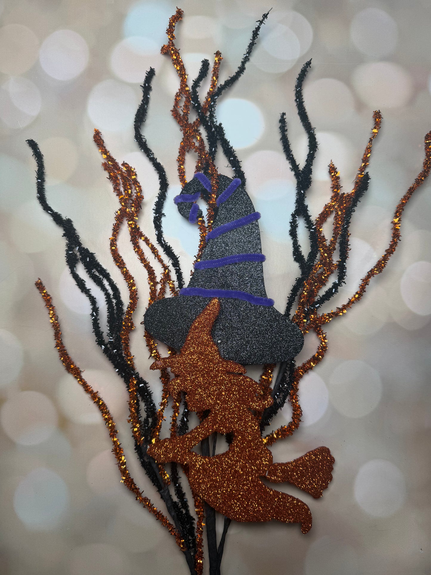32" TINSEL WITCH/HAT SPRAY ORANGE BLACK