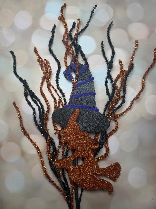 32" TINSEL WITCH/HAT SPRAY ORANGE BLACK