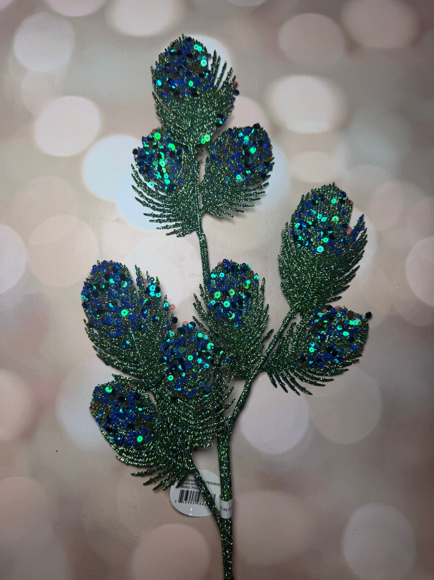 23" SEQUIN/GLITTER PEACOCK FEATHER SPRAY