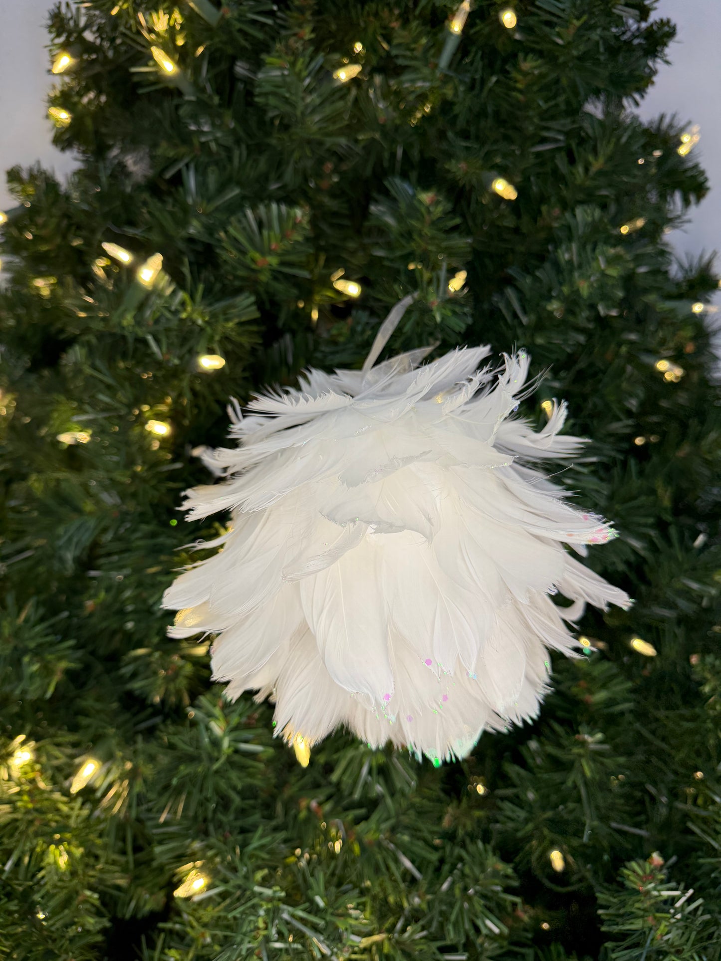 6" White Feather Ball Ornament