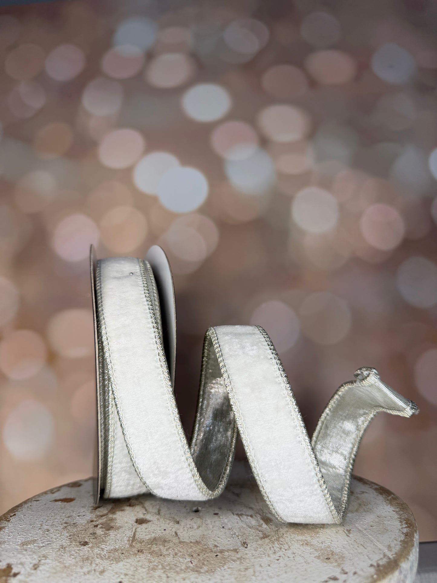 1" X 10YDs White Velvet Metallic Dupion Wired Ribbon