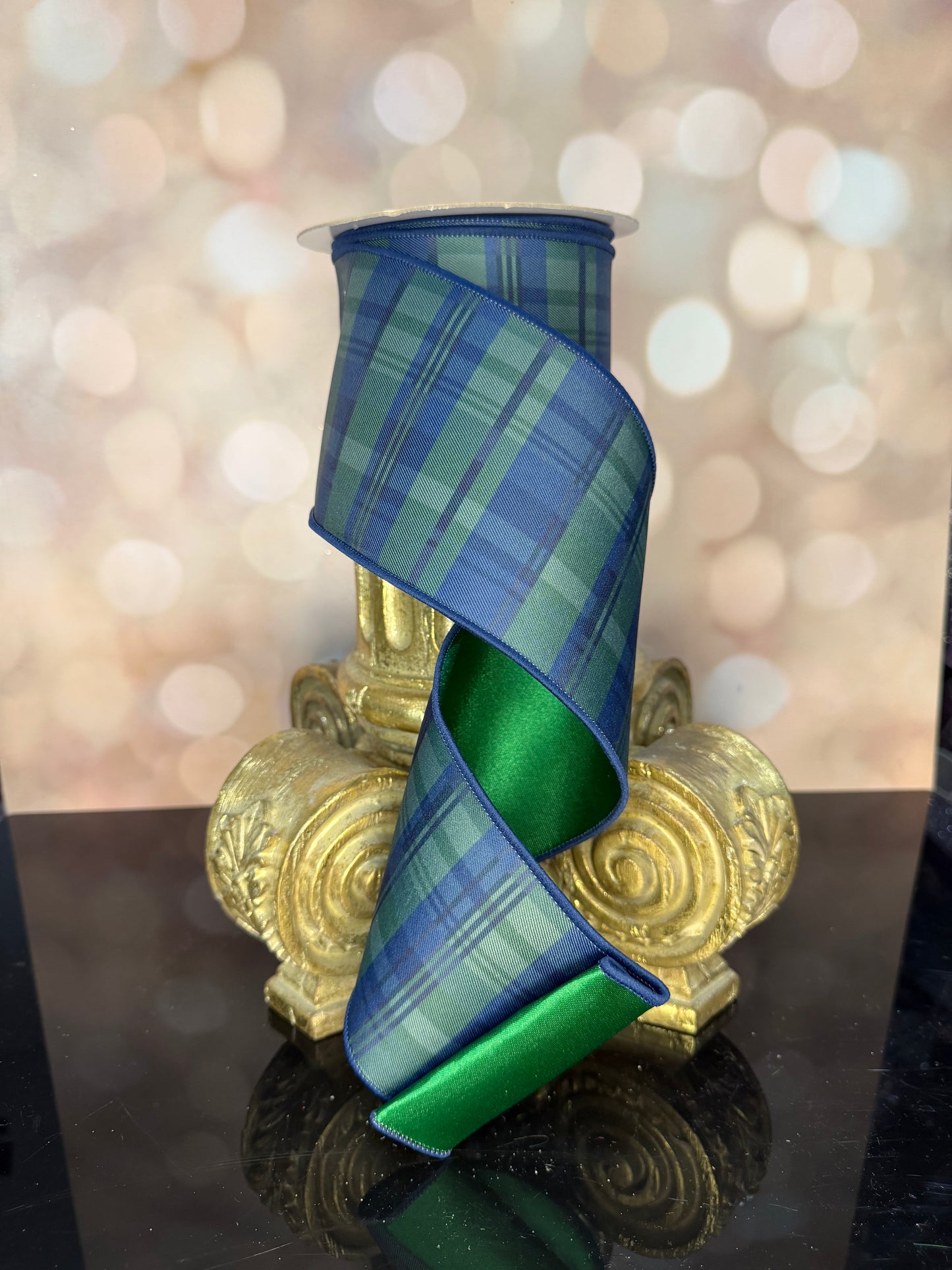 4"X10YD NAVY PLAID EMERALD BACK - Burlap and Bling Decor