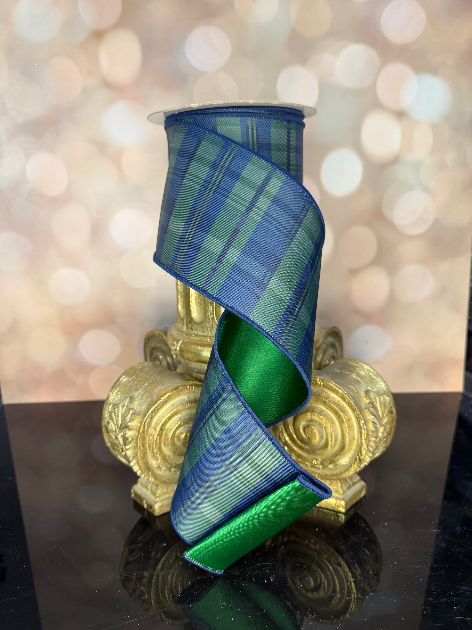 4"X10YD NAVY PLAID EMERALD BACK - Burlap and Bling Decor