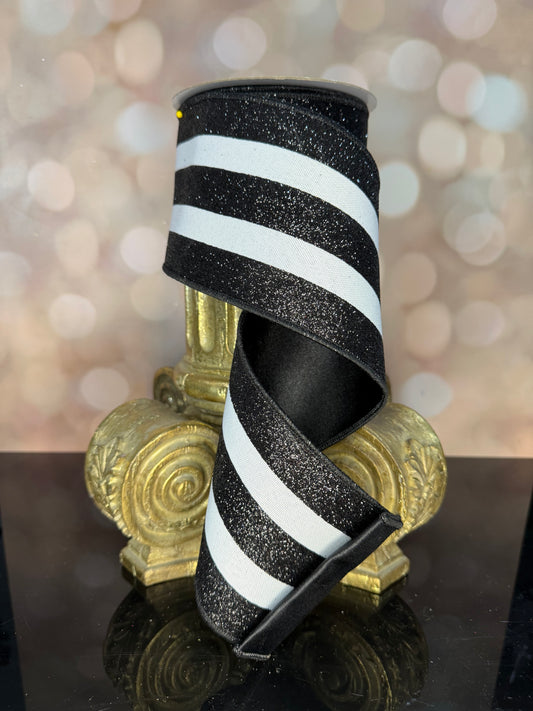 4"X10YD VERT GLITTER STRIPE/FUSED WHITE/BLACK WIRED RIBBON