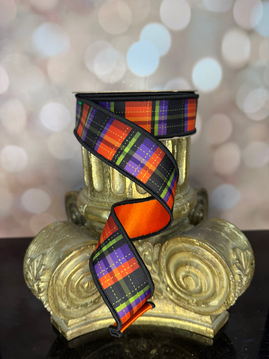 1.5"X10YD DASHED PLAID/FUSED WHT/BLK/ORNG/LIME/PRPL - Burlap and Bling Decor