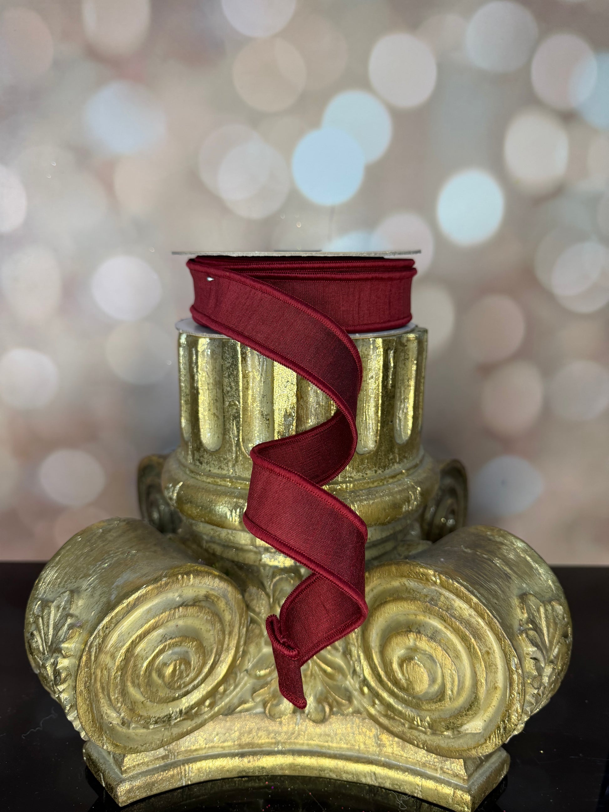 7/8"X10YD-BURGUNDY DUPIONI WIRED RIBBON - Burlap and Bling Decor
