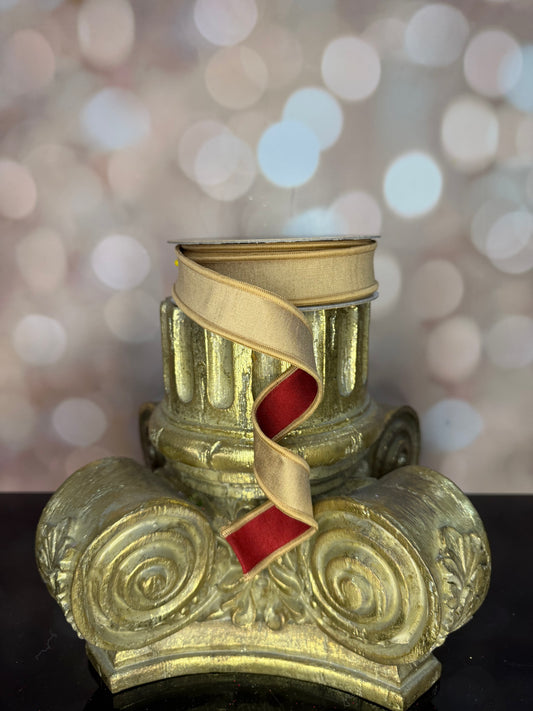 7/8"X10YD-GOLD/CRANBERRY  DUPIONI WIRED RIBBON