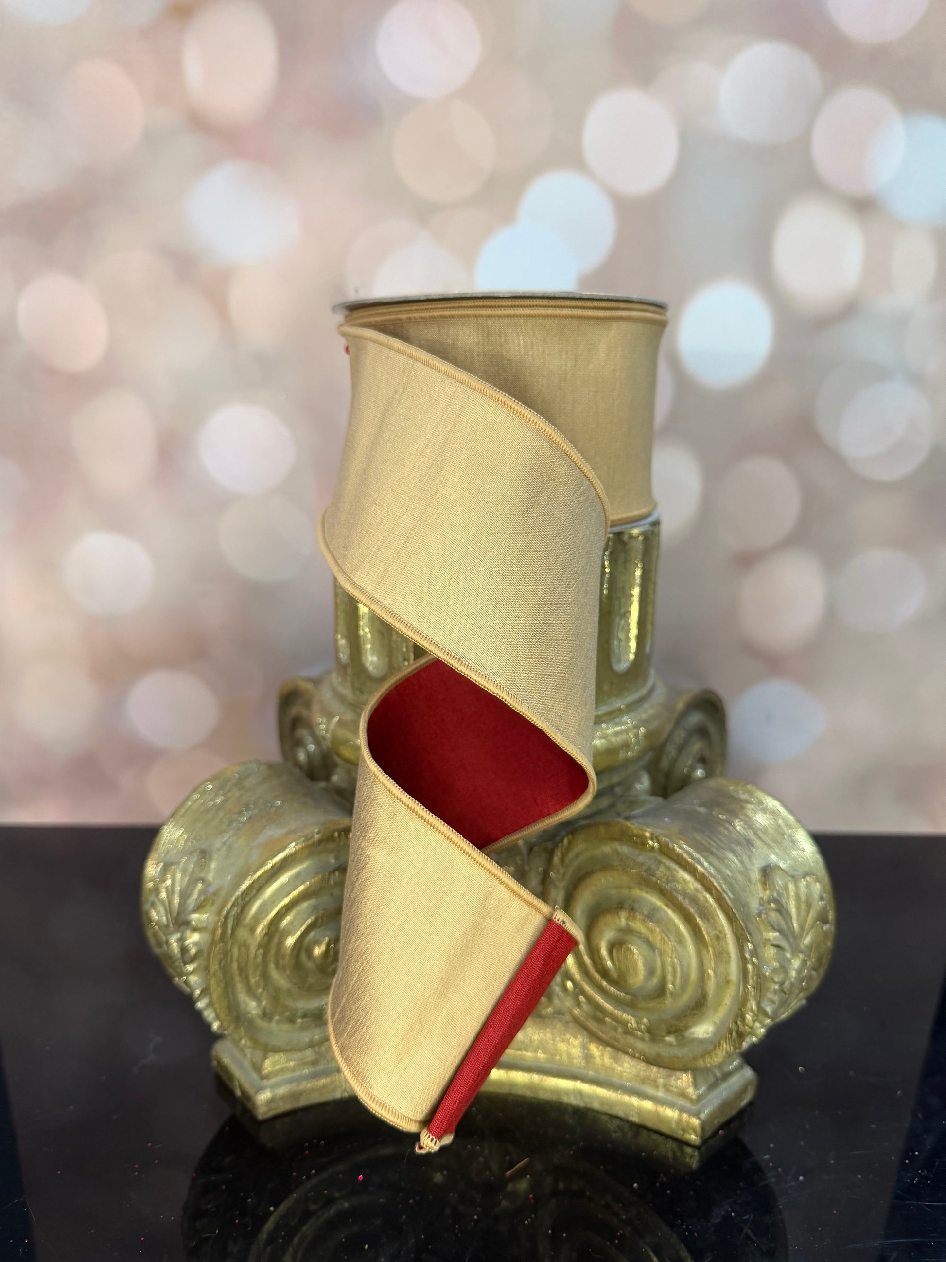 2.5"X10YD-GOLD/CRANBERRY  DUPIONI WIRED RIBBON - Burlap and Bling Decor