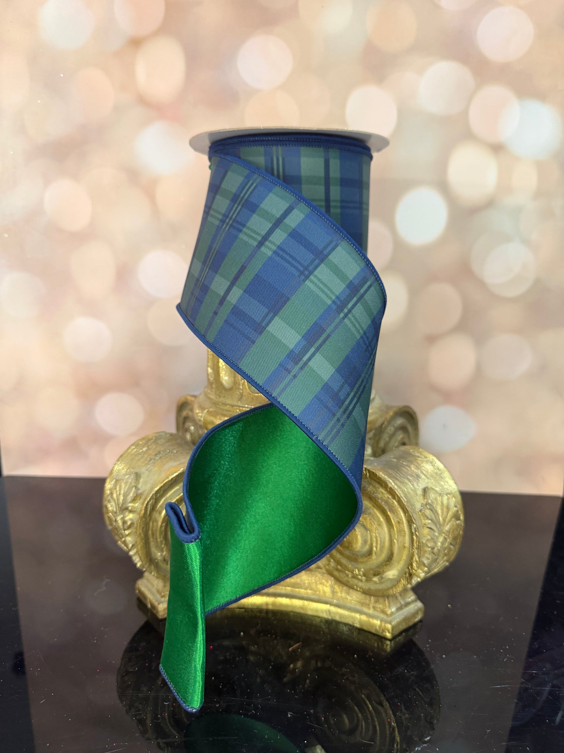 4"X10YD NAVY PLAID EMERALD BACK - Burlap and Bling Decor