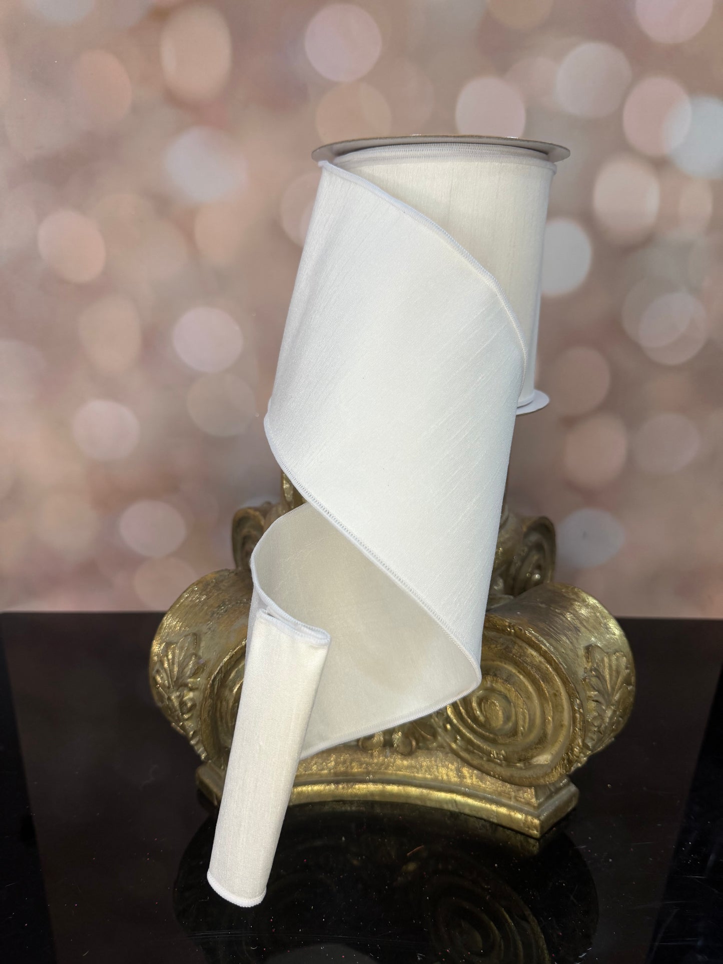 4"X10YD WINTER WHITE DUPIONI WIRED RIBBON - Burlap and Bling Decor