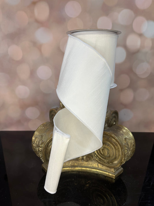 4"X10YD WINTER WHITE DUPIONI WIRED RIBBON - Burlap and Bling Decor