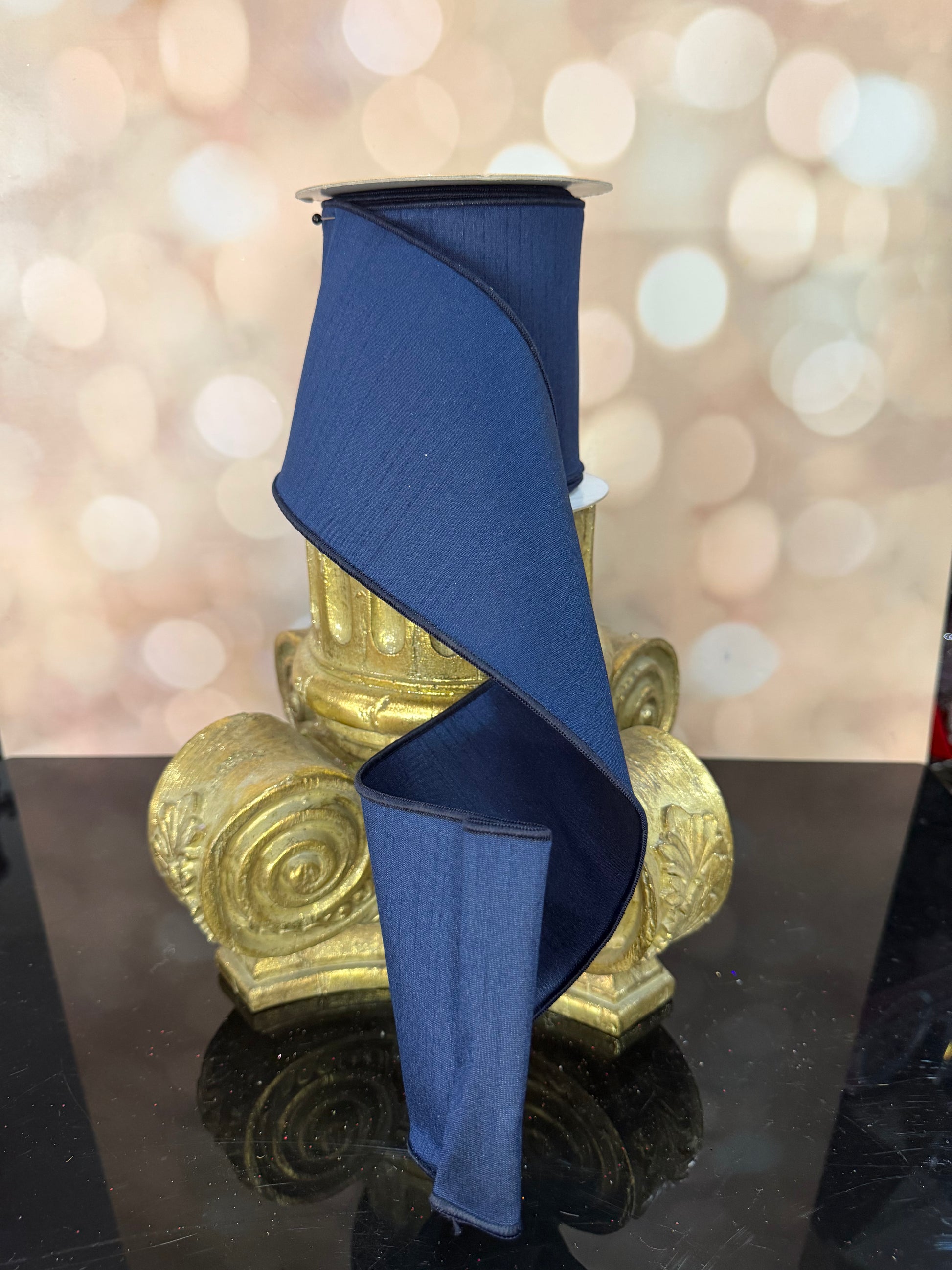 4"X10YD- NAVY BLUE DUPIONI WIRED RIBBON - Burlap and Bling Decor