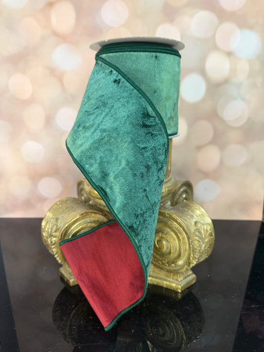 4"X10YD- HUNTER GREEN/BURGUNDY VELVET WIRED RIBBON