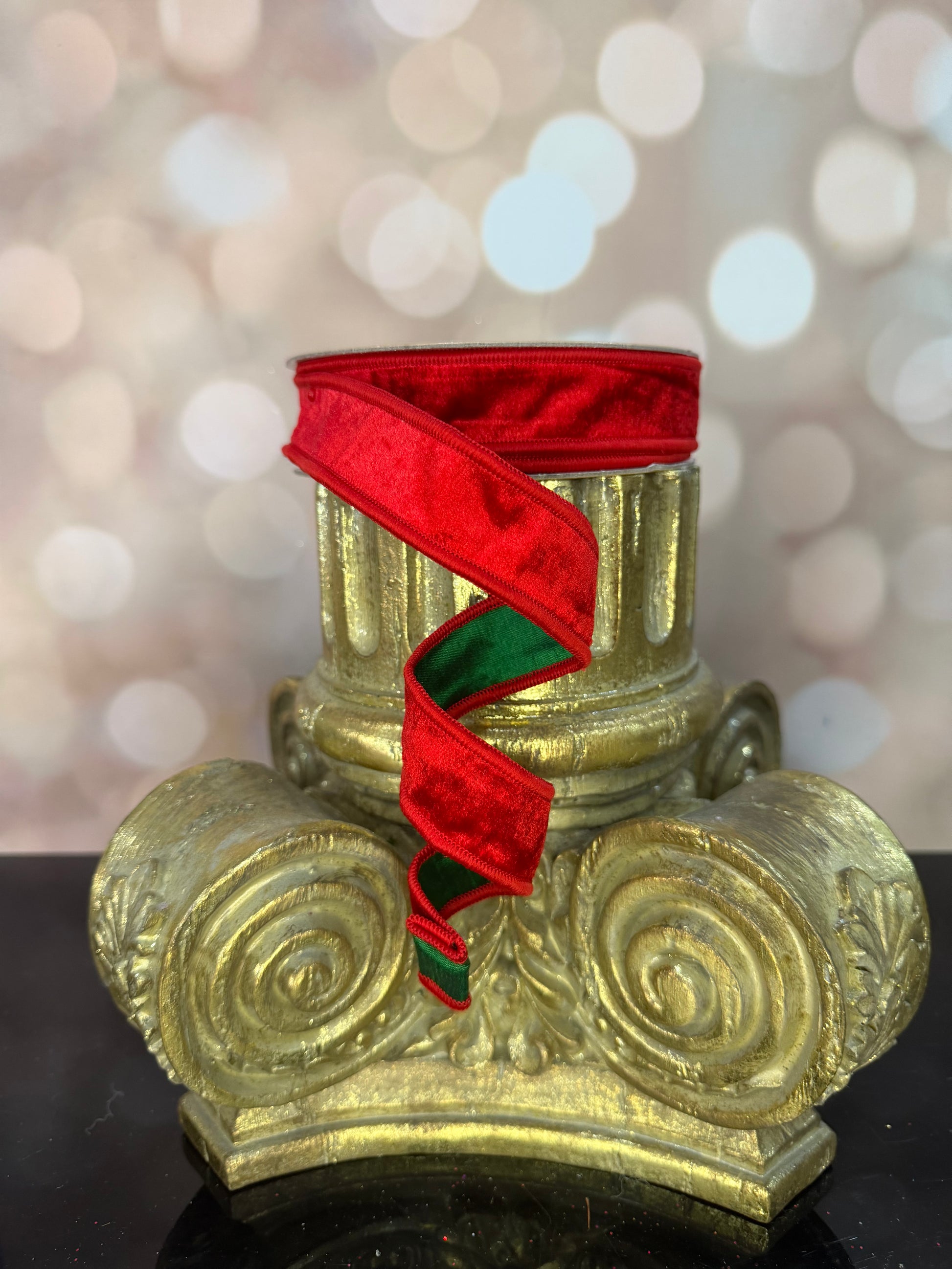 7/8"X10YD-RED/EMERALD GREEN VELVET WIRED RIBBON - Burlap and Bling Decor