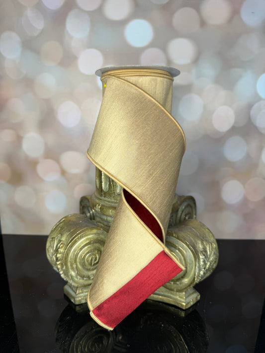 4"X10YD DUPIONI GOLD/CRANBERRY - Burlap and Bling Decor
