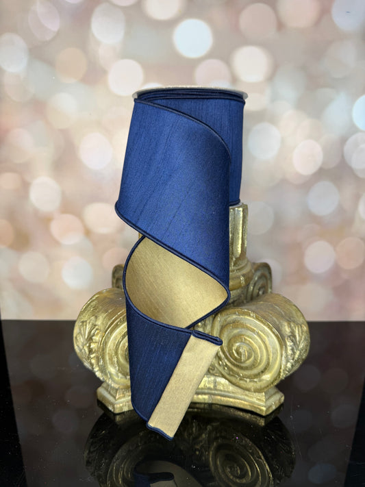 4"X10YD DUPIONI NAVY BLUE/GOLD - Burlap and Bling Decor