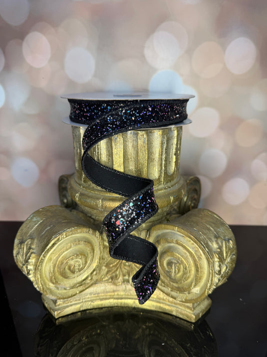 7/8"X10YD BLACK HEXAGON GLITTER/FUSED - Burlap and Bling Decor