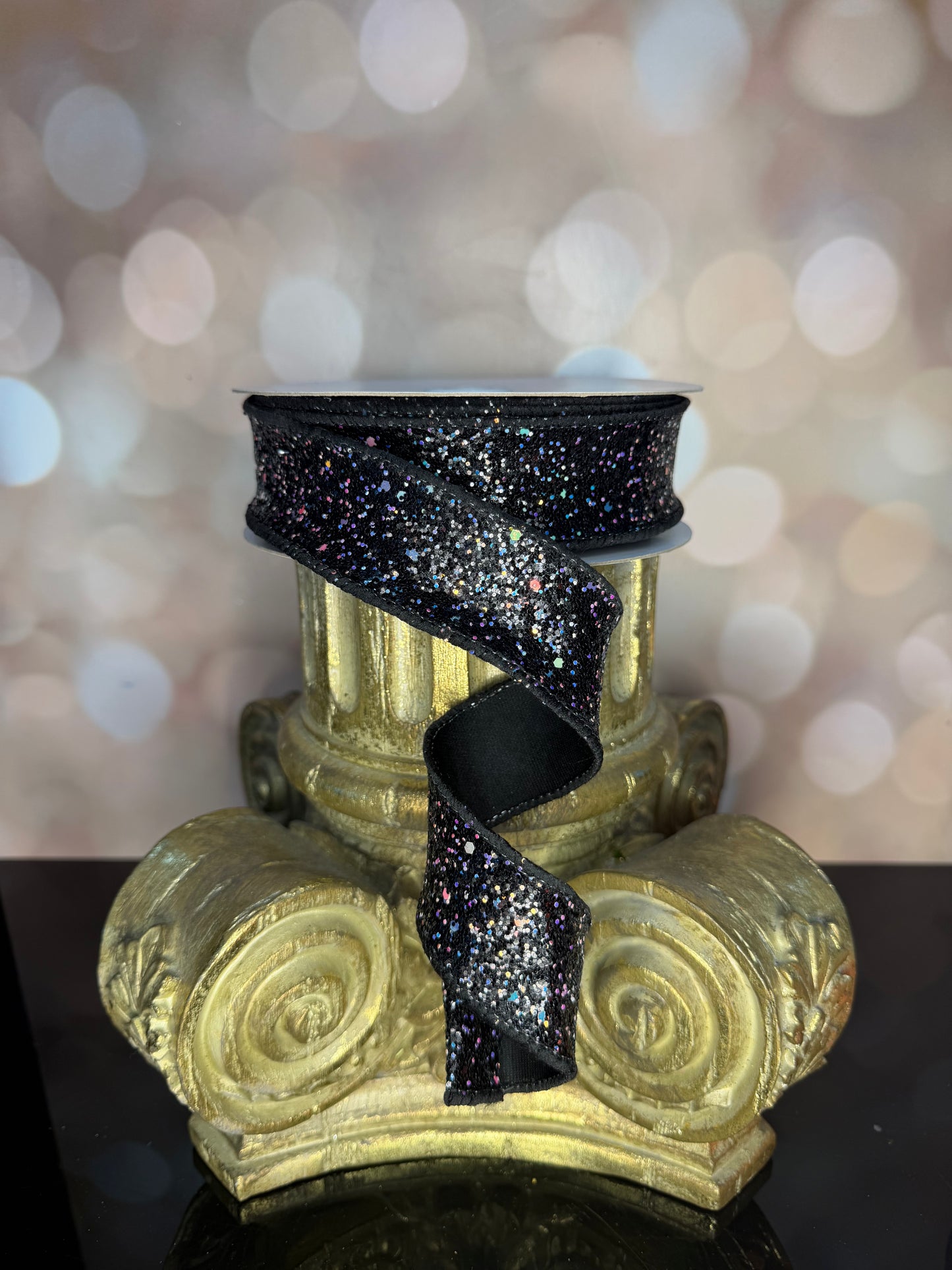 1.5"X10YD BLACK HEXAGON GLITTER/FUSED - Burlap and Bling Decor