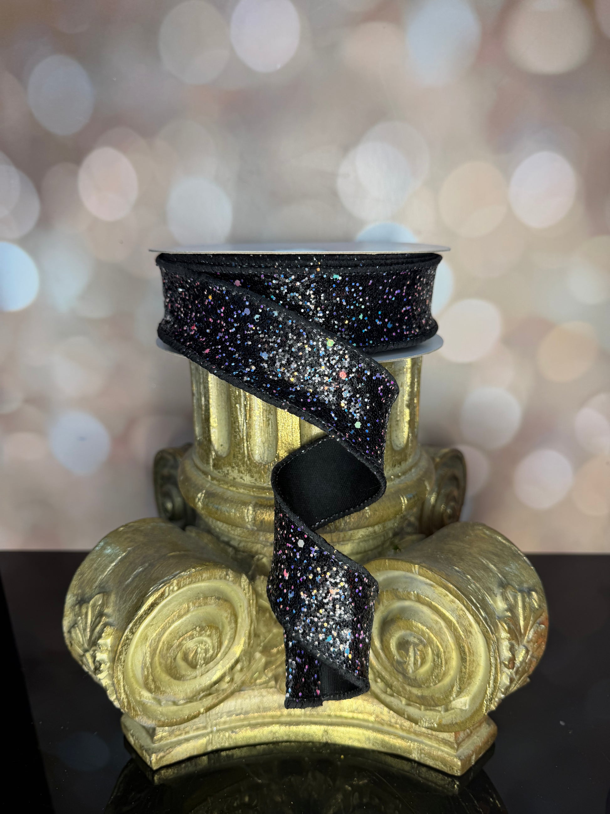 1.5"X10YD BLACK HEXAGON GLITTER/FUSED - Burlap and Bling Decor