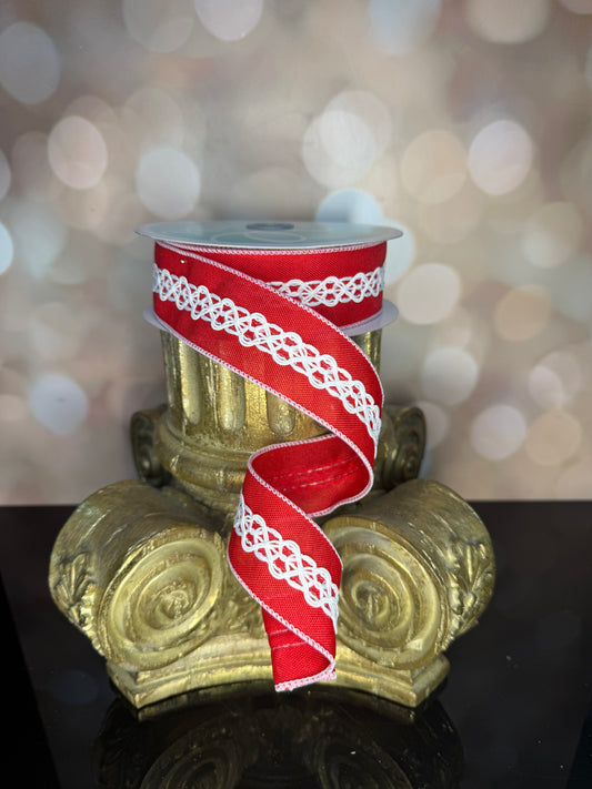 1.5"X10YD 2-IN-1 FAUX ROYAL/LACE RED/WHITE - Burlap and Bling Decor