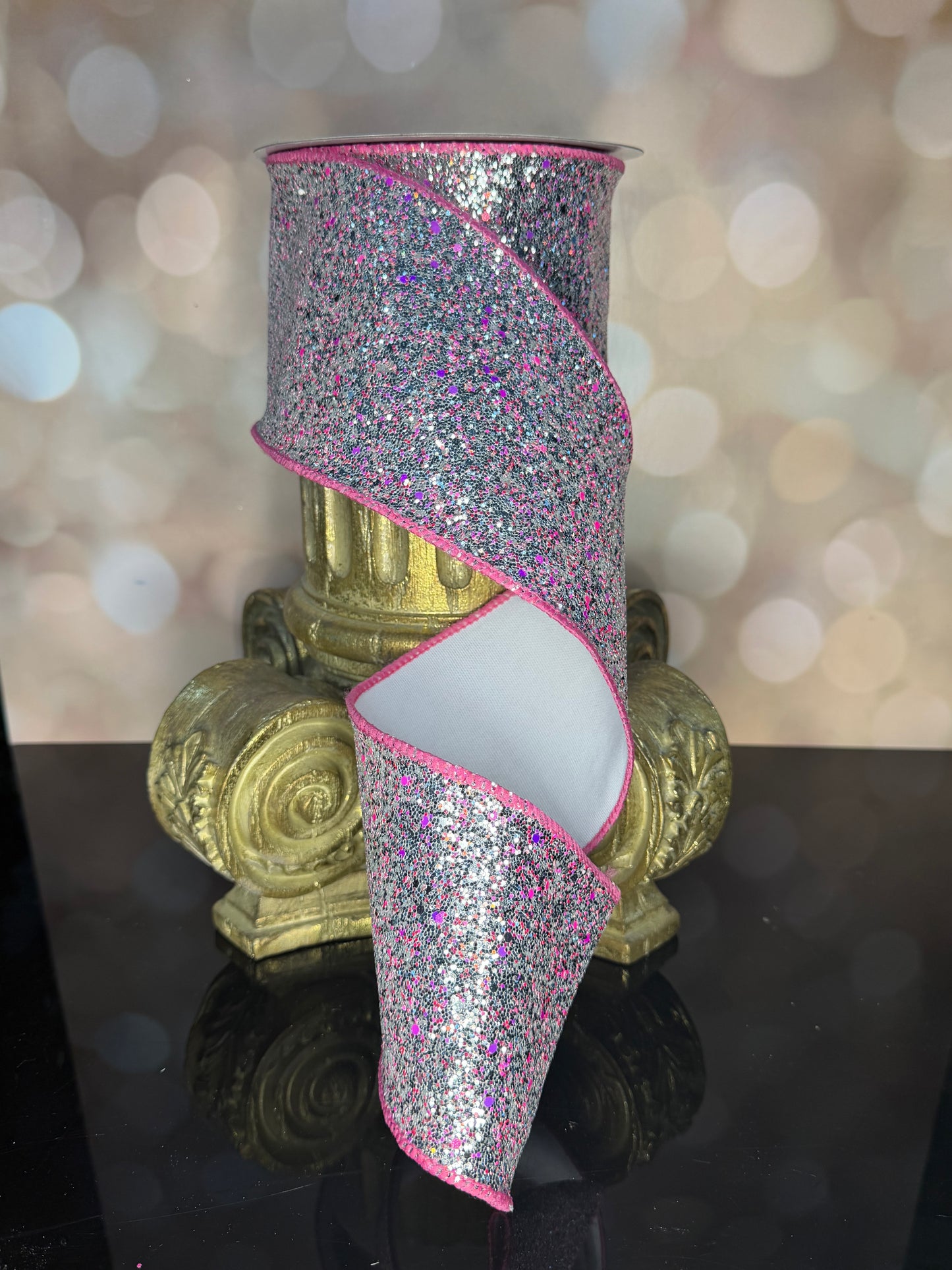4"X10YD SILVER/PINK HEXAGON GLITTER/FUSED - Burlap and Bling Decor
