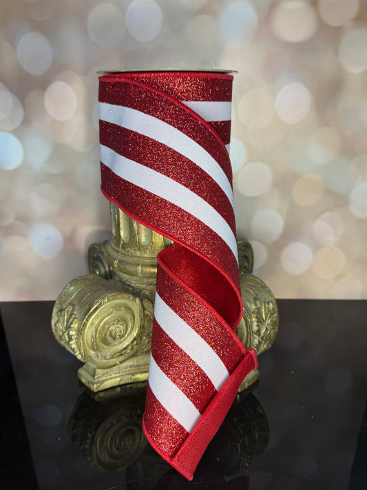 4"X10YD VERT GLITTER STRIPE/FUSED-WHITE/RED - Burlap and Bling Decor