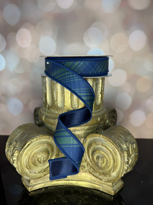 7/8"X10YD DIAGONAL PRINT PLAID/FUSED NAVY BLUE/EMERALD GREEN - Burlap and Bling Decor