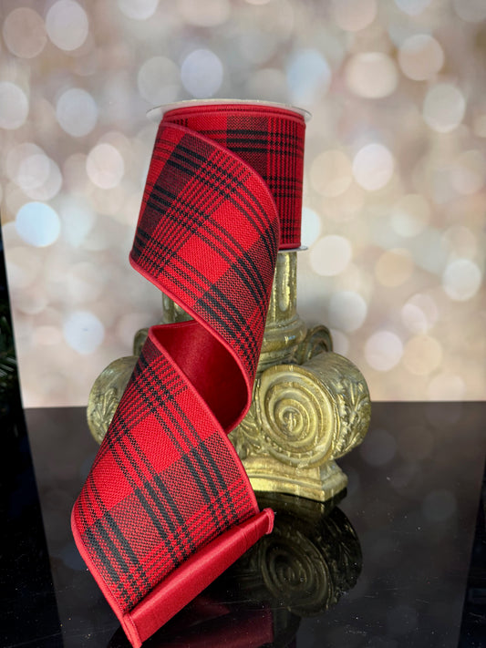 4"X10YD THREE STRIPE CHECK/FUSED RED/BLACK - Burlap and Bling Decor