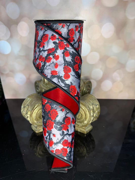 4"X10YD ROSES AND VINES/FUSED MULTI RED/GREY/BLACK WIRED RIBBON - Burlap and Bling Decor