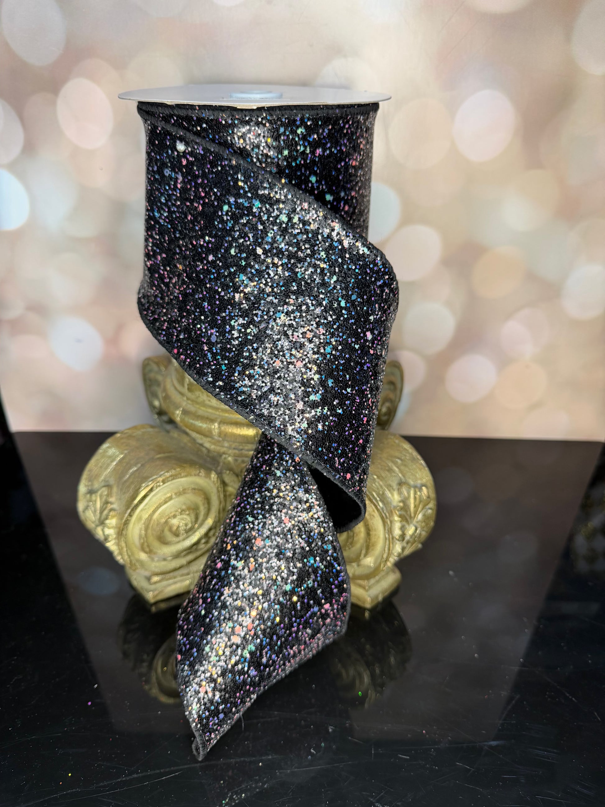 4"X10YD BLACK/SILVERHEXAGON GLITTER/FUSED - Burlap and Bling Decor