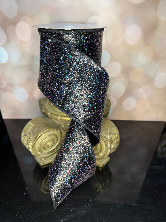 4"X10YD BLACK/SILVERHEXAGON GLITTER/FUSED - Burlap and Bling Decor