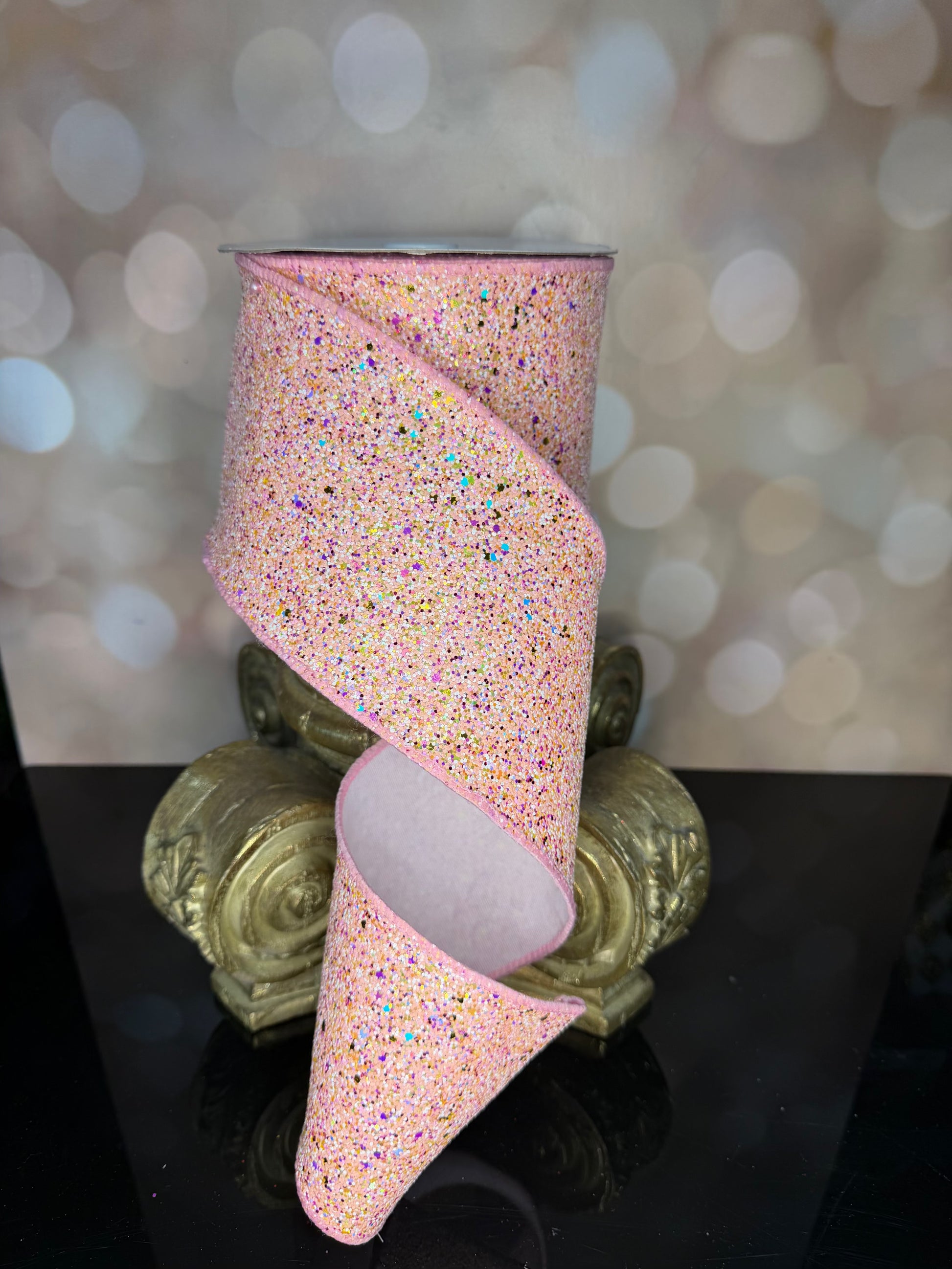 4"X10YD CHAMPAGNE/PINK HEXAGON GLITTER/FUSED - Burlap and Bling Decor