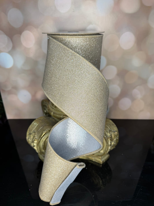 4"X10YD FINE GLITTER/FUSED TAUPE/SILVER WIRED RIBBON - Burlap and Bling Decor