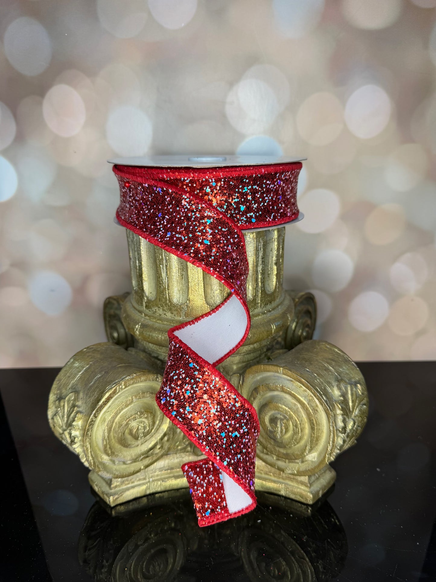 1.5"X10YD RED HEXAGON GLITTER/FUSED - Burlap and Bling Decor
