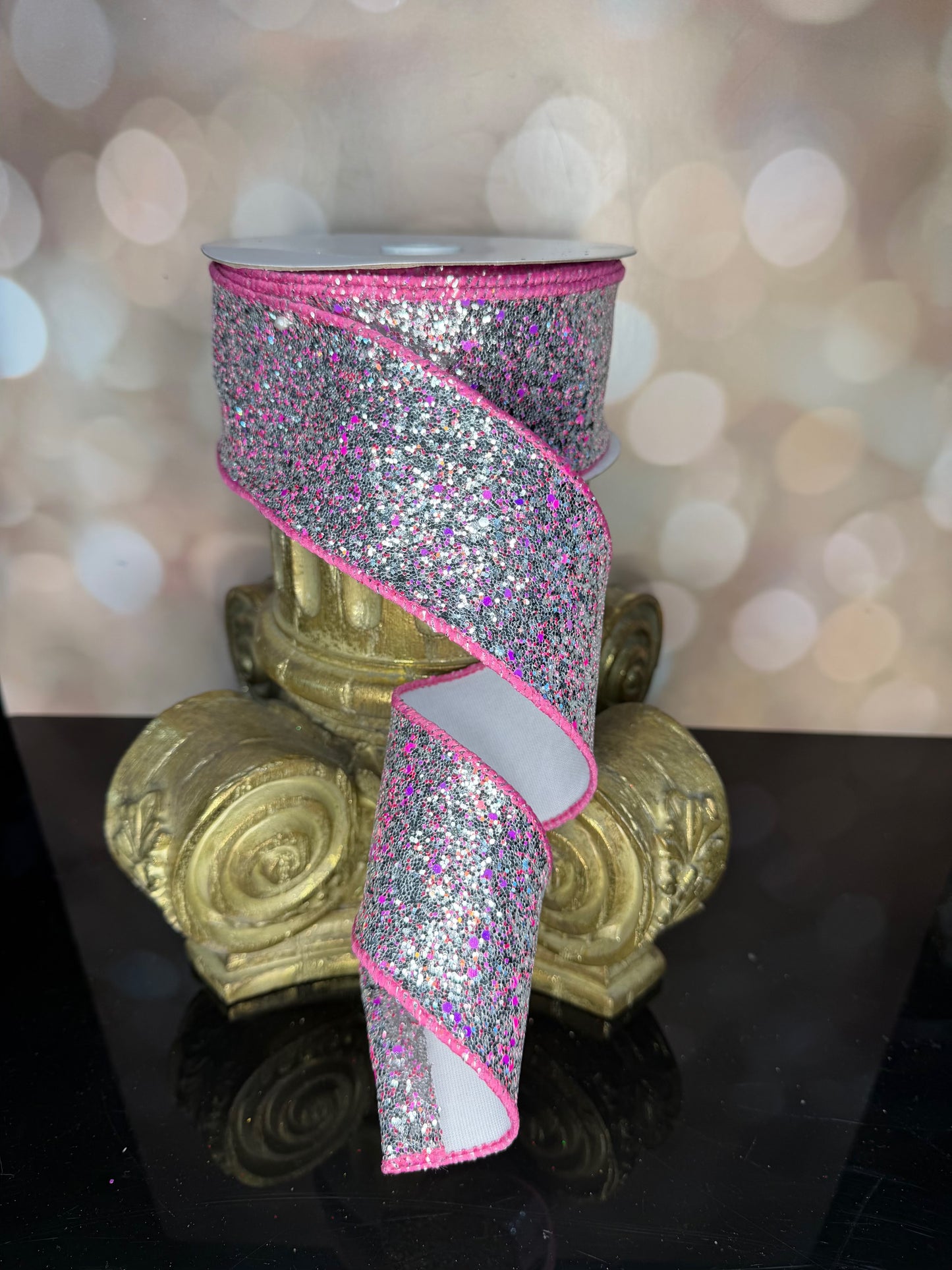 2.5"X10YD SILVER/PINK HEXAGON GLITTER/FUSED - Burlap and Bling Decor