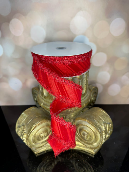 1.5"X10YD RED VELVET DIAG STRIPES W/DRIFT TINSEL - Burlap and Bling Decor
