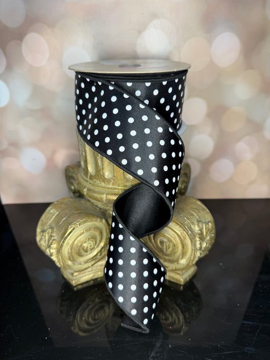 2.5"X10YD SMALL POLKA DOT/FUSED BLACK/WHITE - Burlap and Bling Decor
