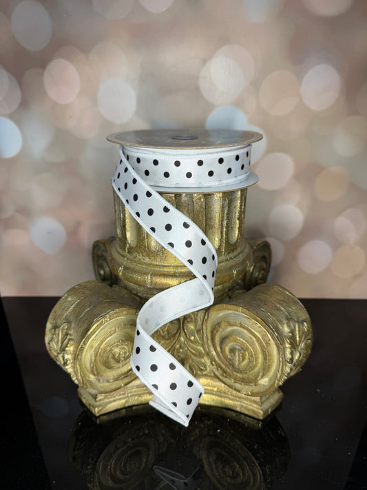 7/8"X10YD SMALL POLKA DOT,WHITE/ BLACK Wired Ribbon - Burlap and Bling Decor