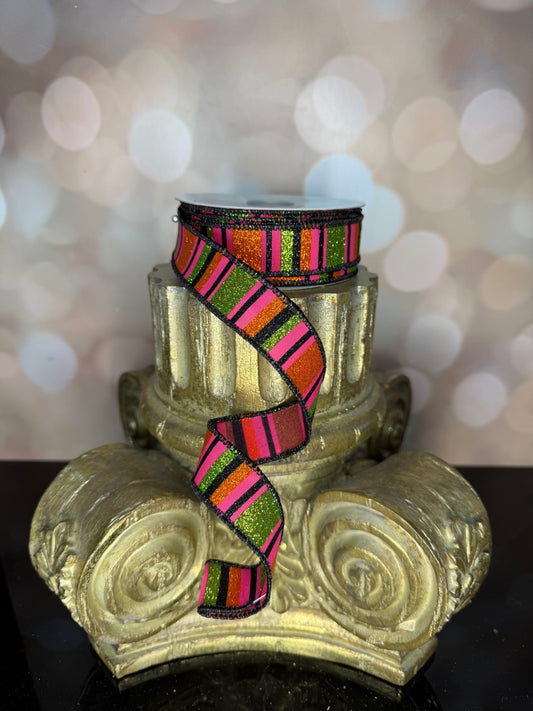 7/8"X10YD HORIZONTAL STRIPE HOT PINK/LIME/ORNG/BLCK WIRED RIBBON - Burlap and Bling Decor