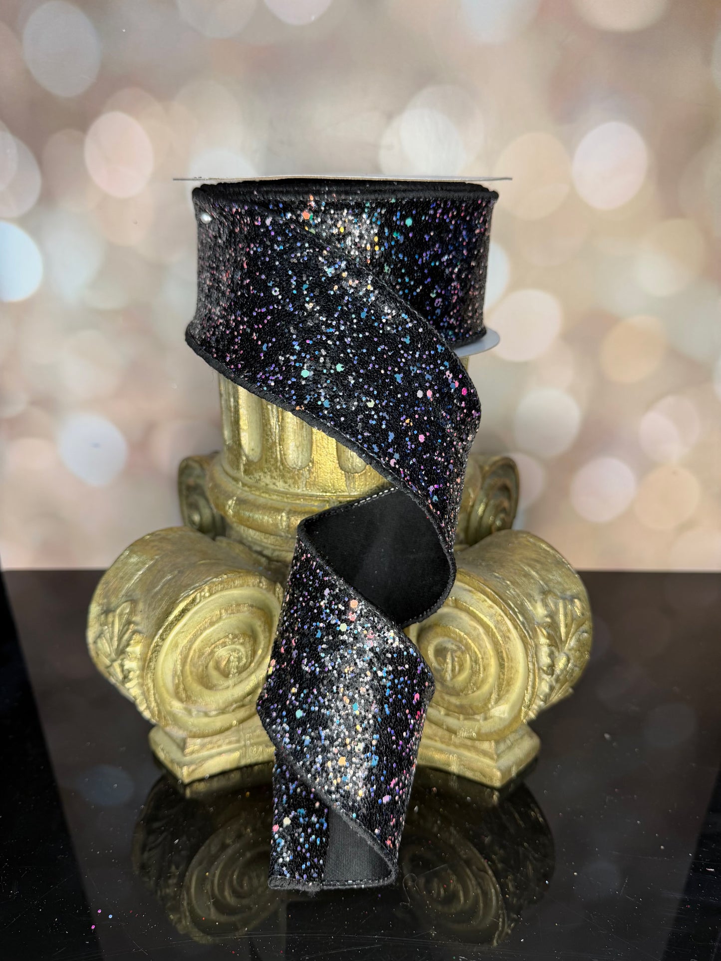 2.5"X10YD BLACK/SILVER HEXAGON GLITTER/FUSED - Burlap and Bling Decor