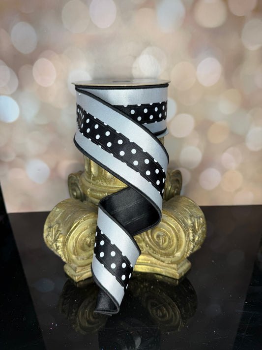2.5"X10YD 3-IN-1 POLKA DOT/FUSED BLACK/WHITE - Burlap and Bling Decor