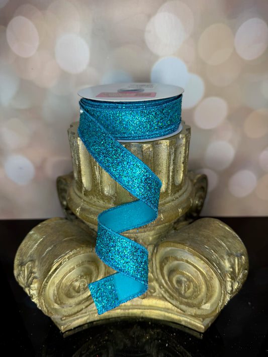 7/8"X10YD LASER GLITTER TURQUOISE Wired Ribbon - Burlap and Bling Decor