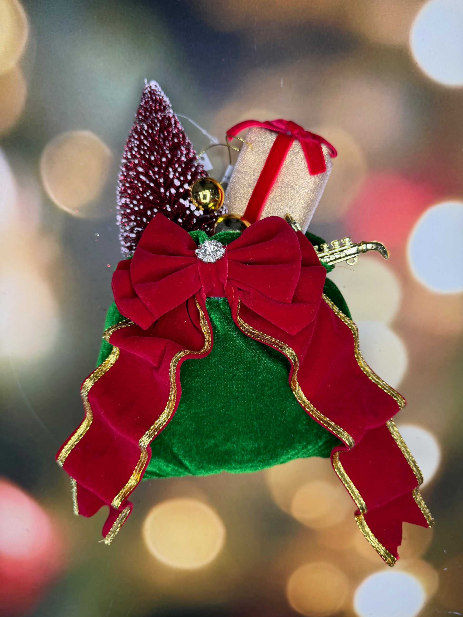10" VELVET SACK W/GIFT/TREE ORNAMENT RDGG - Burlap and Bling Decor