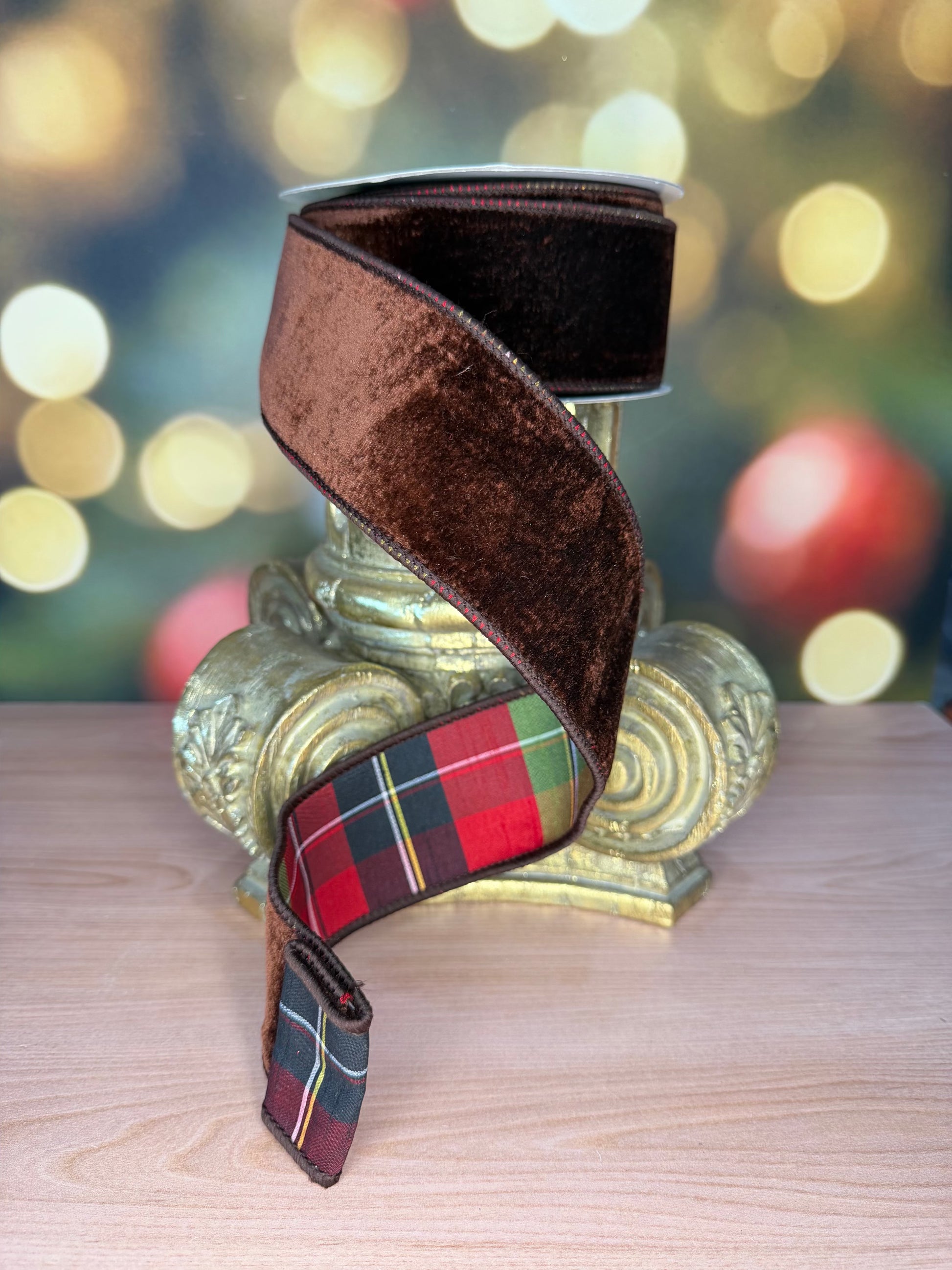 2.5"X10YVLVTW/HIGHLANDS PLAID BACKED RIBI CHOCOLATE - Burlap and Bling Decor
