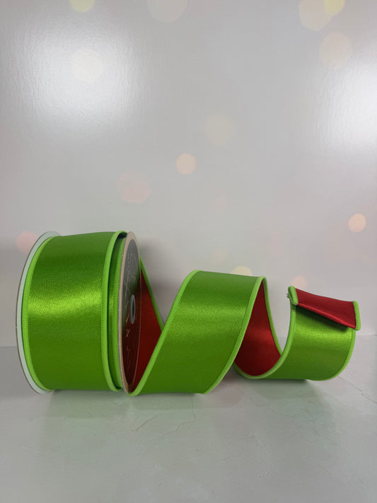 2.5"X10YD SATIN FUSED FRESH GREEN/RED - Burlap and Bling Decor