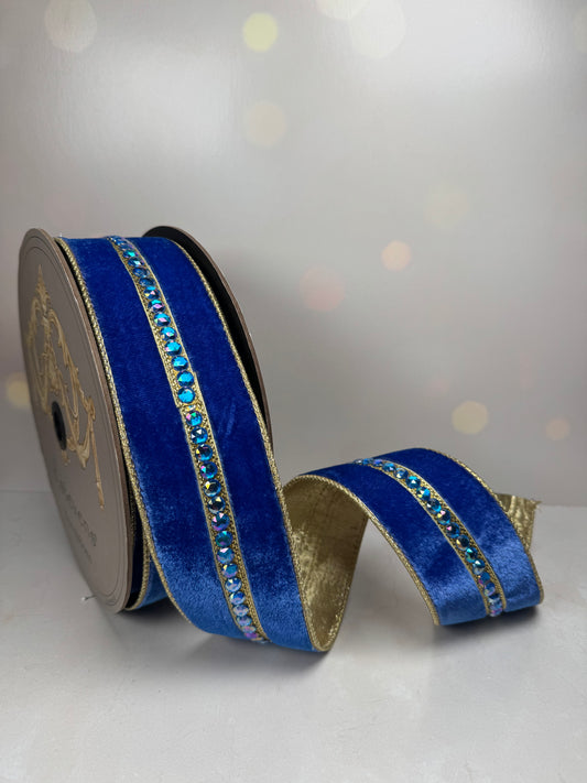 2.5“ x 10yds velvet matching jewel center trim gold back, royal blue - Burlap and Bling Decor