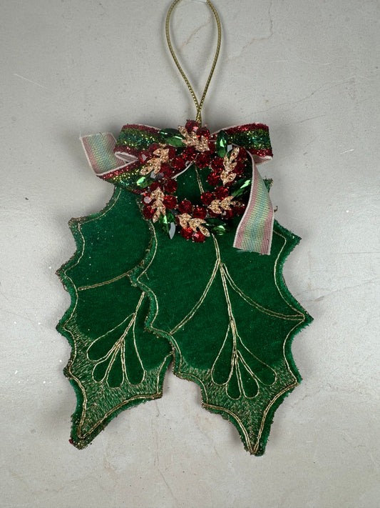 6" FABRIC HOLLY LEAF W.JEWEL ORNAMENT - PICK ONE - Burlap and Bling Decor